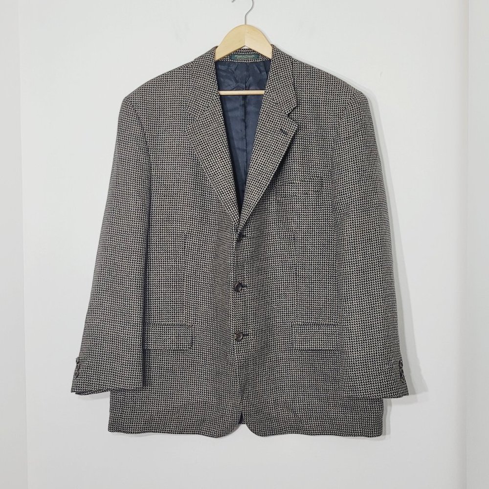 Vintage Academic Professor Houndstooth Preppy 100% Wool Oversized Sport Coat 46R